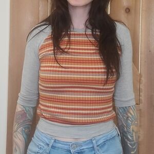Handmade Retro Striped Gray and Orange Half Sleeve Top